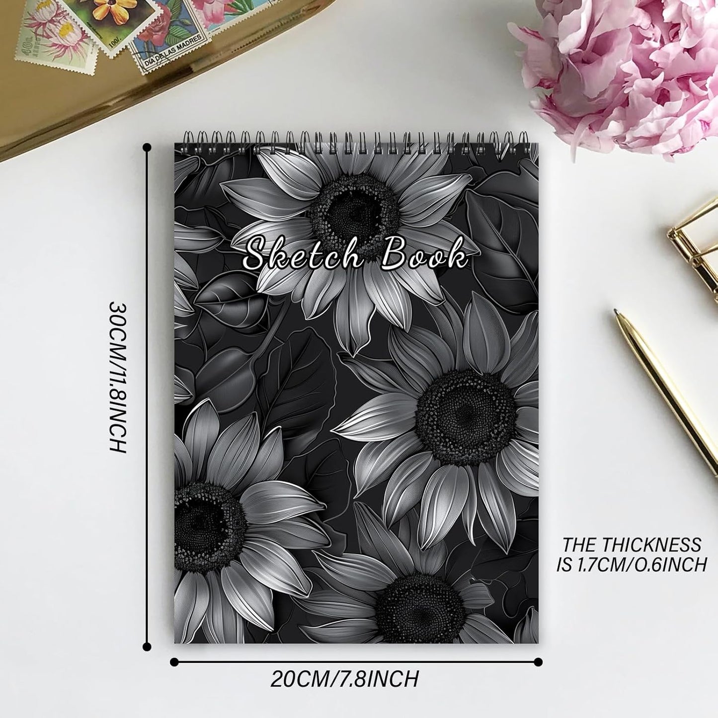 Cabreche Cute Sketchbook Top Spiral Bound Sketch Pad, 9 x 12 inch,100GSM Thick Paper,50 Sheets 100 Pages,Art Sketch Book Artistic Writing Drawing Paper for Girls Women Beginners-Black Sunflower