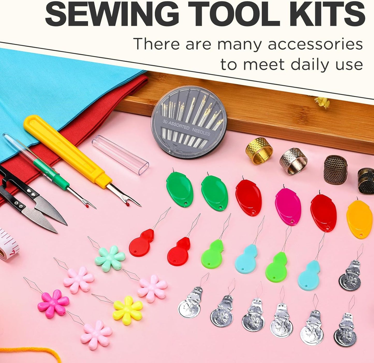 KAQRHFT 24 PCS Needle Threaders Kit, 4 Types Needle Threader with Embroidery Needles, Seam Ripper, Thread Snips, Thimble and Measuring Tape, Sewing Tool Kit for Hand Sewing