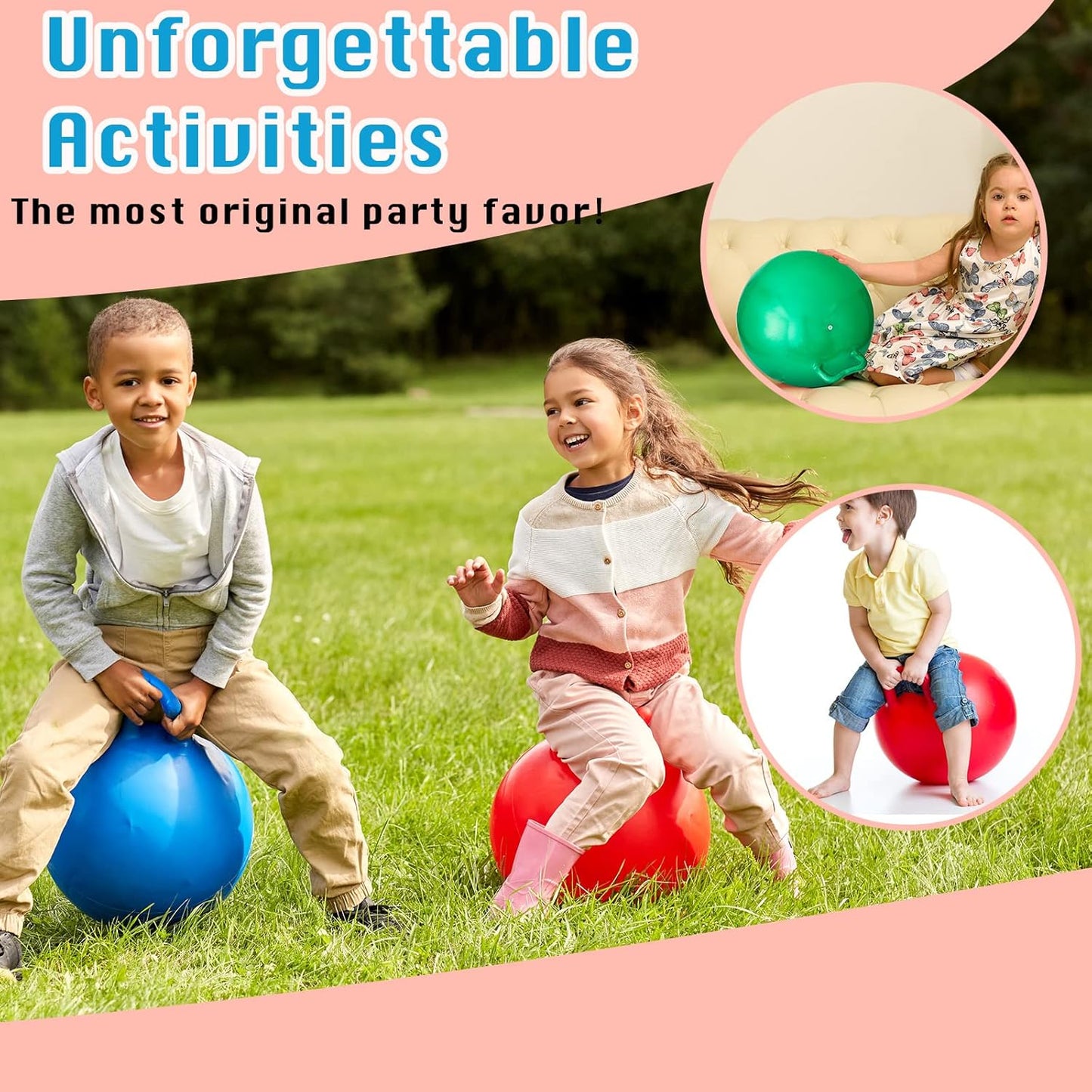 Lewtemi 3 Pcs 22 Inch Bouncing Ball with Handle, Outdoors Hopper Jumping Hopping Ball and Air Pump for Sports Exercise (Red, Blue, Green)