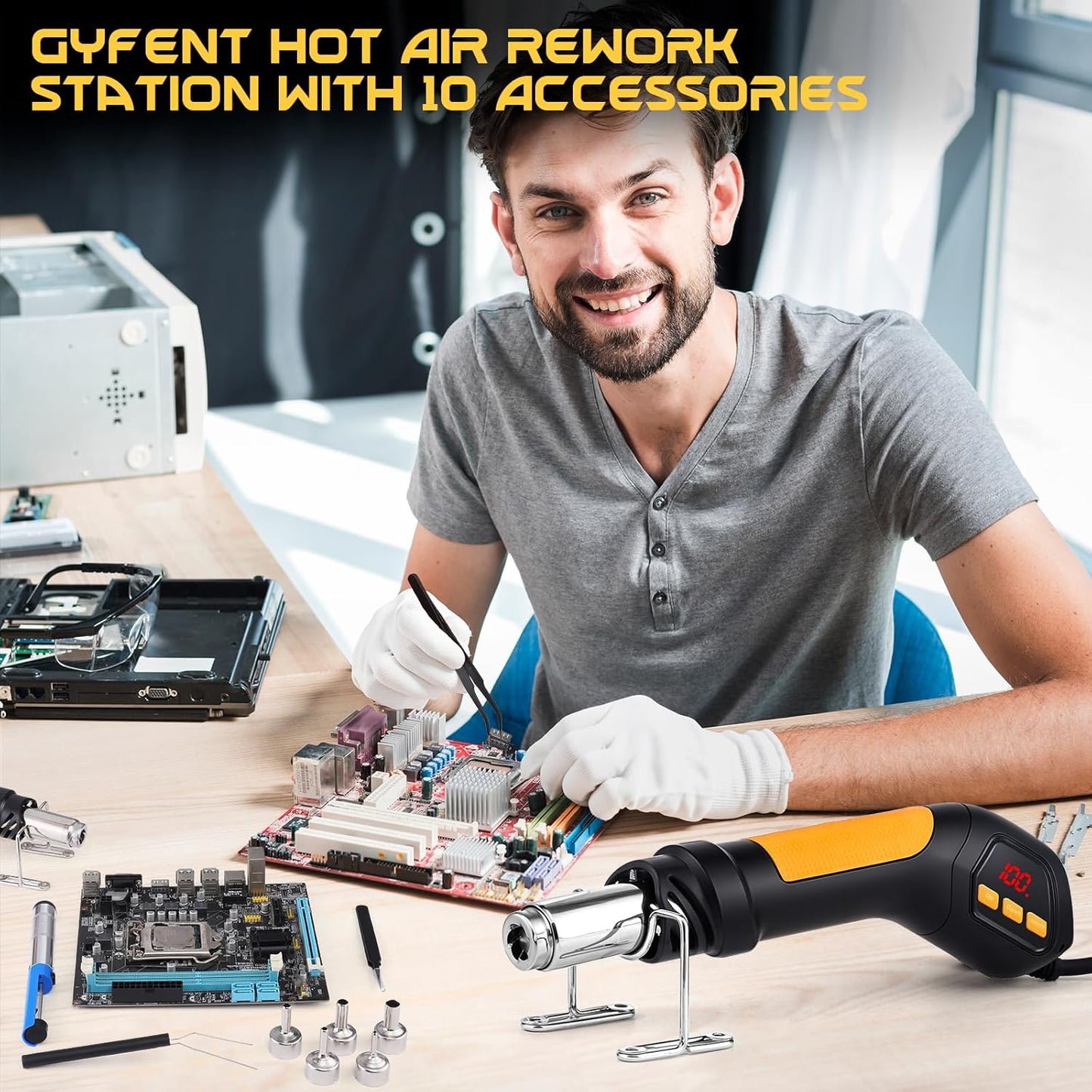 Heat Gun, 700W 212°F~932℉(100°C~500°C) Mini Soldering Heat Gun Hot Air Rework Station with LED Digital Display & 5Pcs Nozzles & 5Pcs Accessories for Crafting Shrink Tubing Electronics DIY(5FT)