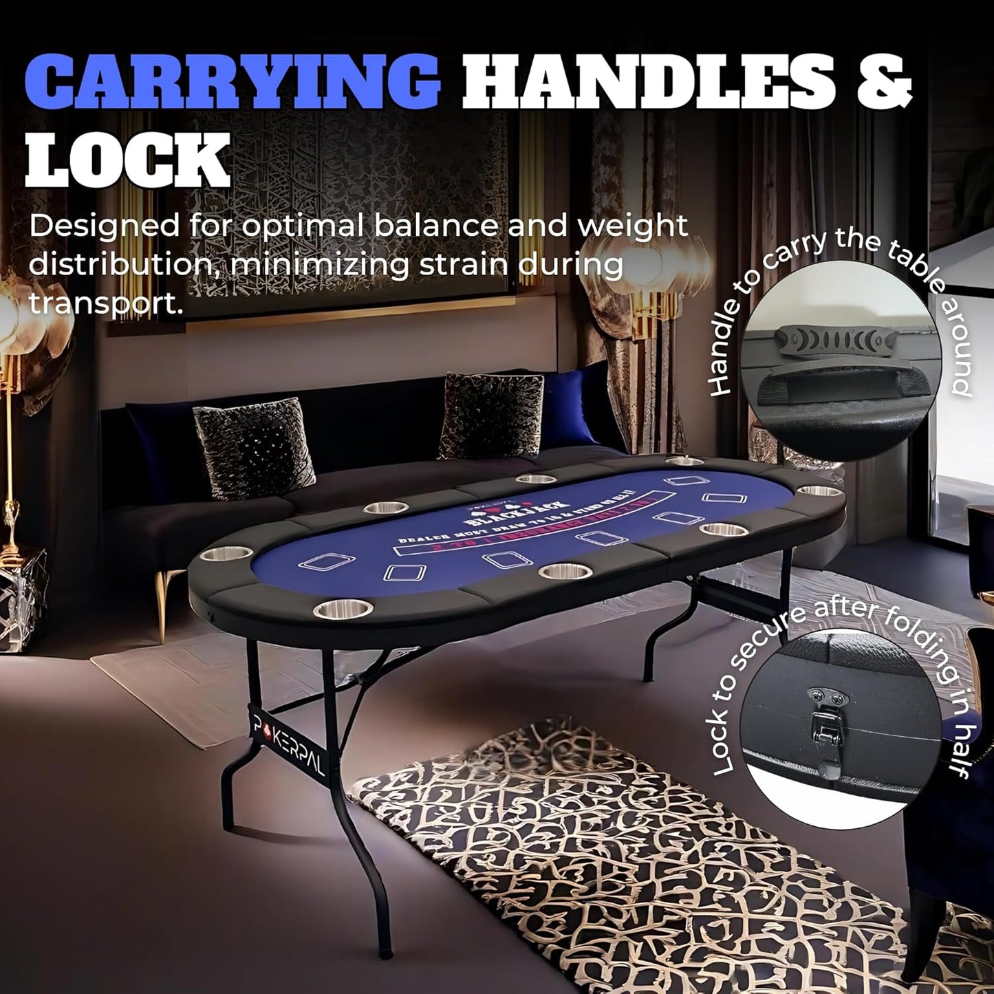 8 Player Poker Table with 2 Interchangeable Game mats, Texas Holdem Poker and Blackjack, Collapsible Casino Table with Padded Rails and XXL Cup Holders for Wine and Whiskey Glasses, (71 in)