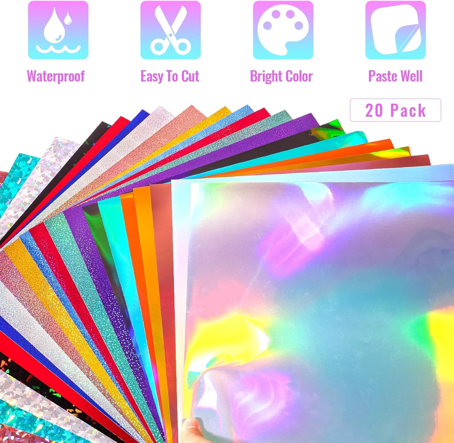 GIRAFVINYL Assorted Holographic Vinyl Sheets, Holographic Glitter Permanent Vinyl Bundle for DIY Decorations,12” x 12”20 Sheets