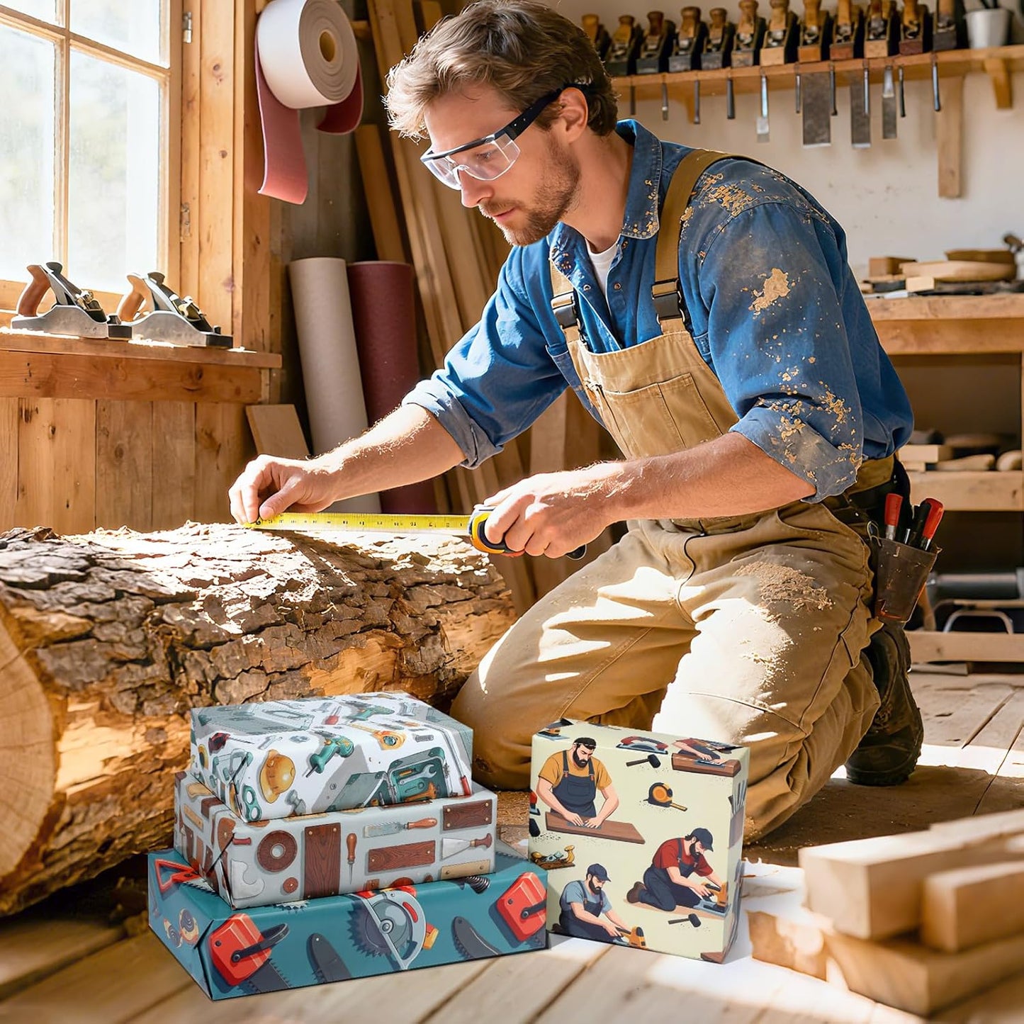 Pineraap 12 Sheets Carpenter Wrapping Paper, Woodworking Tools & Craftsman Printed Gift Wrap Decorative Craft Paper for DIY Projects, Birthdays, Father's Day, or Handyman Celebrations, 20 x 28 inch