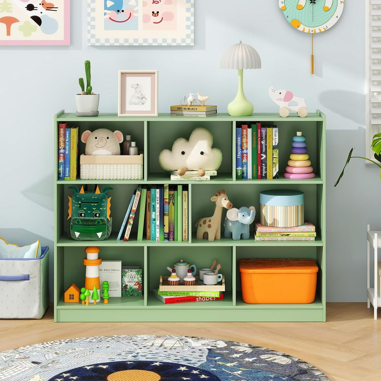 Toy Storage Organizer, 2-Tier Kids Bookshelf, 5 Cube Kids' Bookcases, Cabinets & Shelves, Wooden Toy Organizers, Small Book Shelf for Bedroom, Playroom, Classroom, Nursery (Green, 3-Tier)