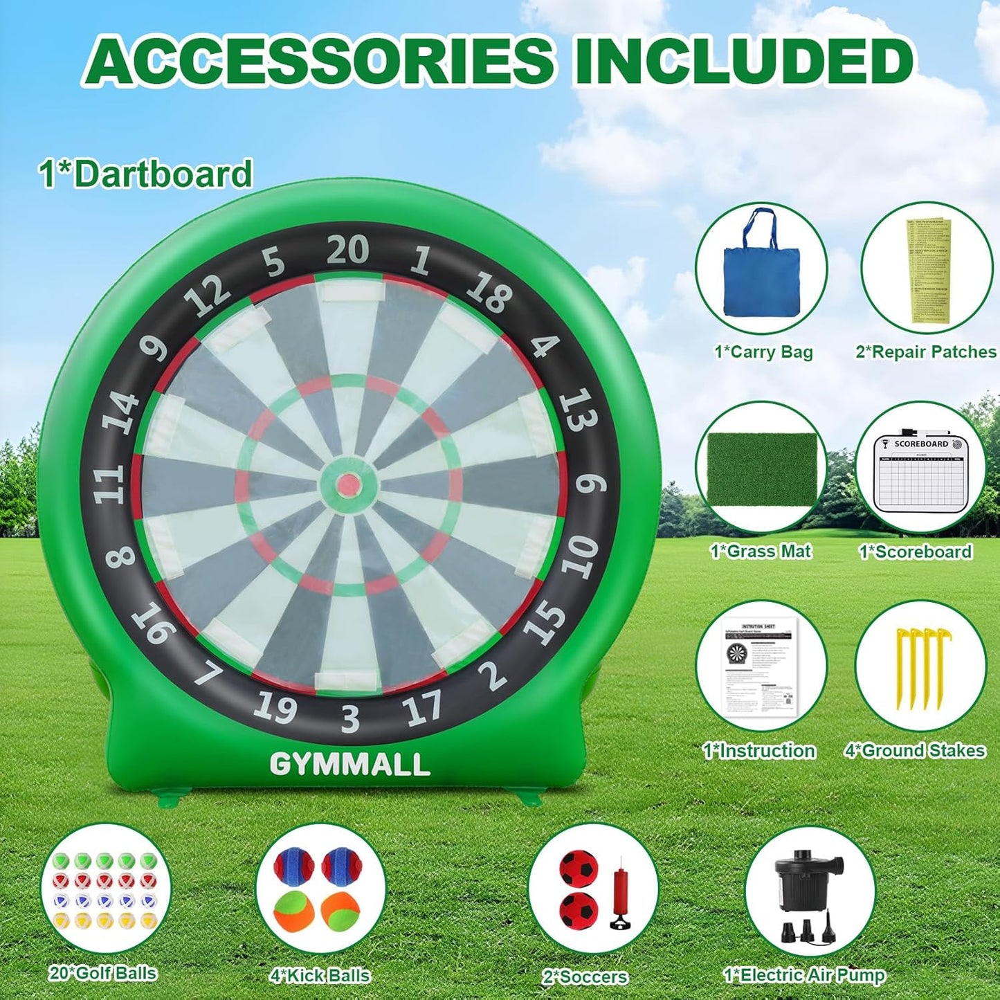 Giant Dart Board Inflatable with Pump, Outdoor and Indoor Soccer Sport Kick Dartboard for Kids and Adults, Waterproof Darts Board Yard Game with 20 Golf Balls, 4 Sticky Balls, 2 Soccers