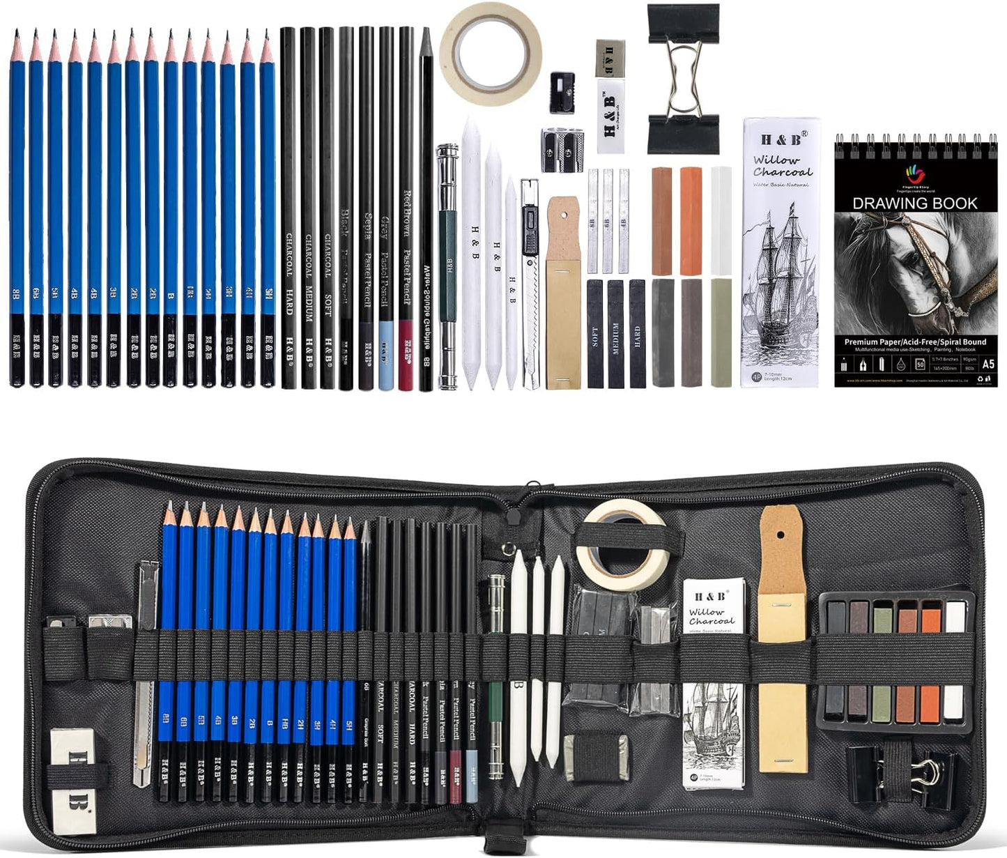 H & B 50 Pack Drawing Set Sketching Kit, Pro Art Supplies with 3-Color Sketchbook, Include Colored, Graphite, Charcoal, Watercolor & Metallic Pencil, for Artists Adults Beginner