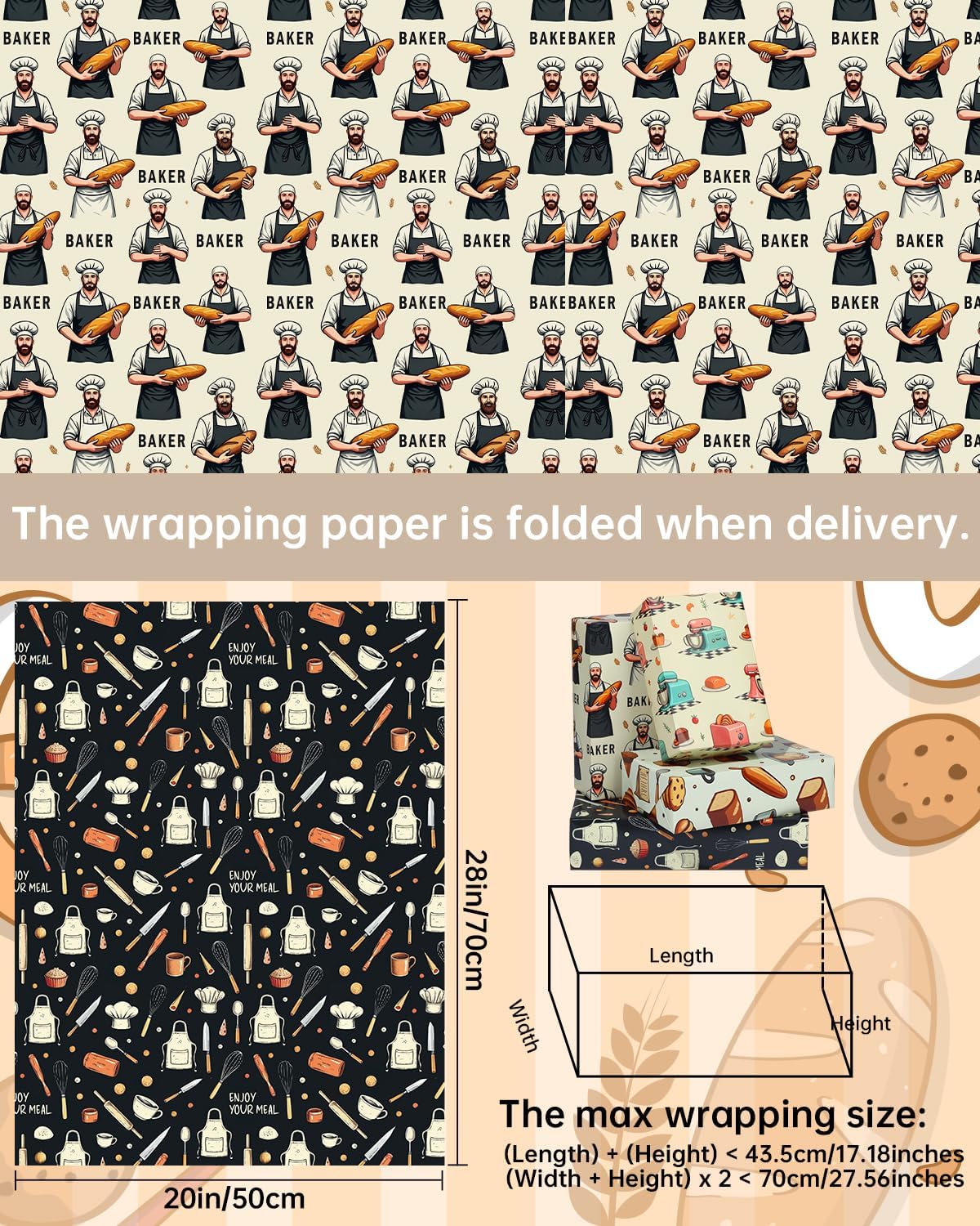 Pineraap 12 Sheets Baking Theme Wrapping Paper, Cute Baker Design Gift Wrap Paper with Croissant, Bread, Folded Flat Art Paper for Baking Lover, Baker, Birthday, DIY Crafts, 19.7 x 27.6 Inch