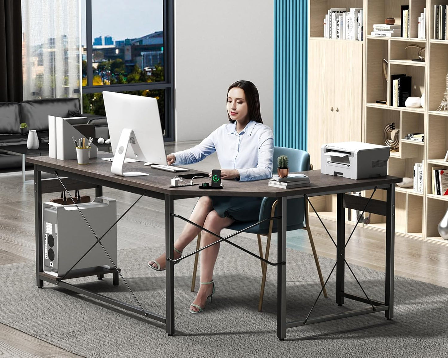 Coleshome 66" L Shaped Gaming Desk with Outlet, L Shaped Desk with CPU Stand, Corner Computer Desk, Home Office Desk, Writing Desk, Grey Oak