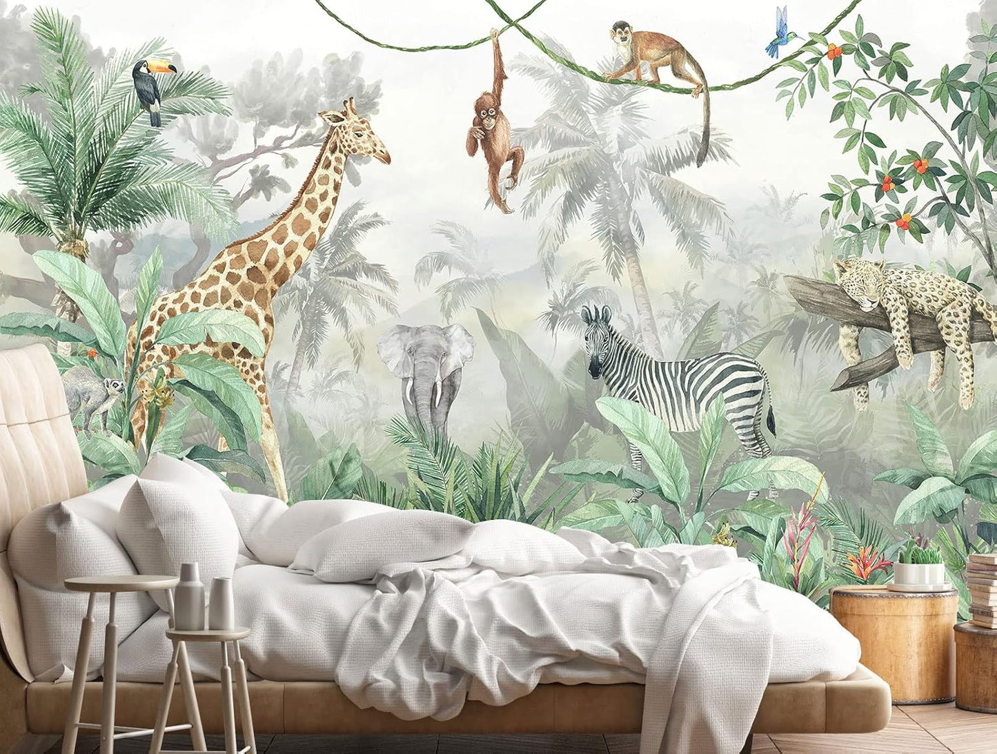 Kids Wallpaper Tropical Leves and Safari Animals Wall Mural for Wall Bedroom Living Room TV Background Sofa Wall（Not Peel and Stick）