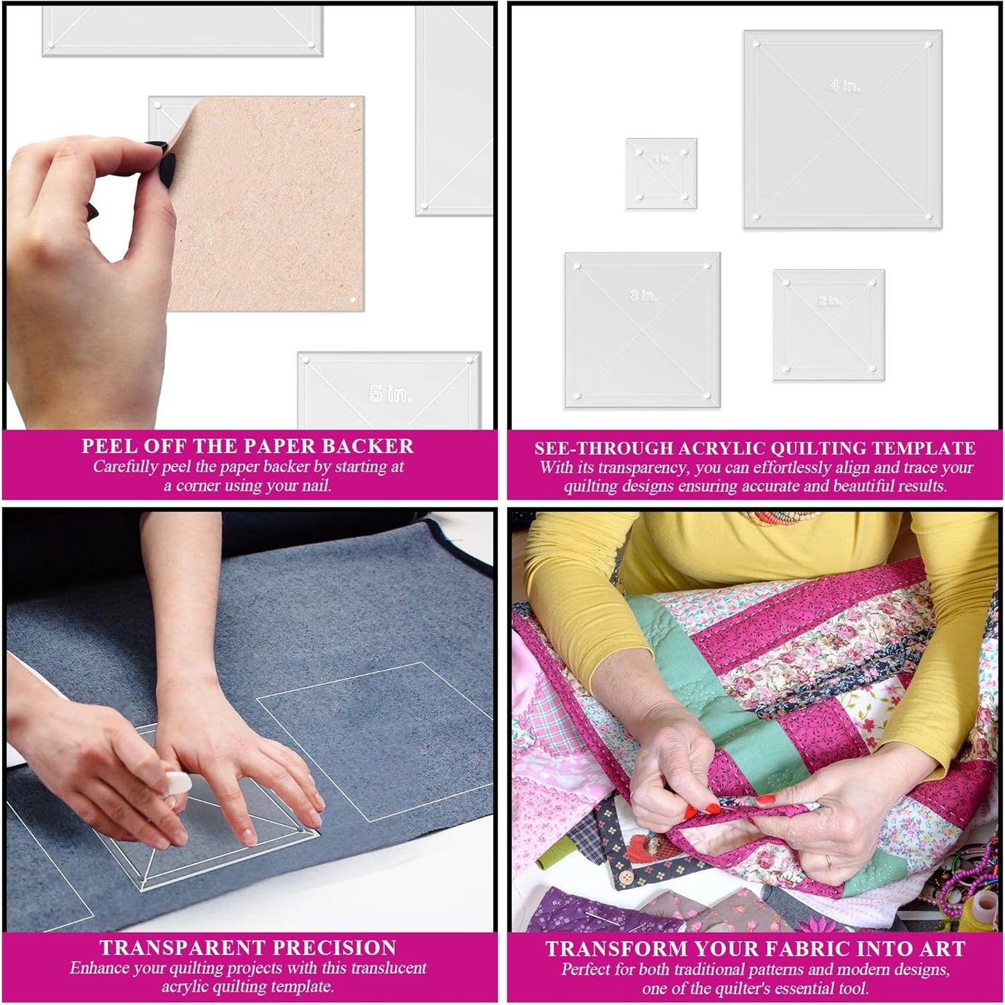 Quilting Acrylic Template Set | Precision Tools for Quilting Enthusiasts | Square Design | Includes Sizes 4", 3", 2", 1" | 1/8 Clear Acrylic | 1/4" Seam Allowance for Accuracy