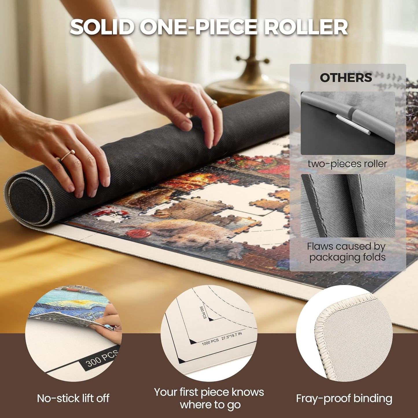 ropoda 1500 Pieces 46" x 26 "Puzzle Mat Roll Up, Puzzle Saver with 4 Large Sorting Trays & Travel Storage Bag, Portable Rollup Puzzles Keeper (White)