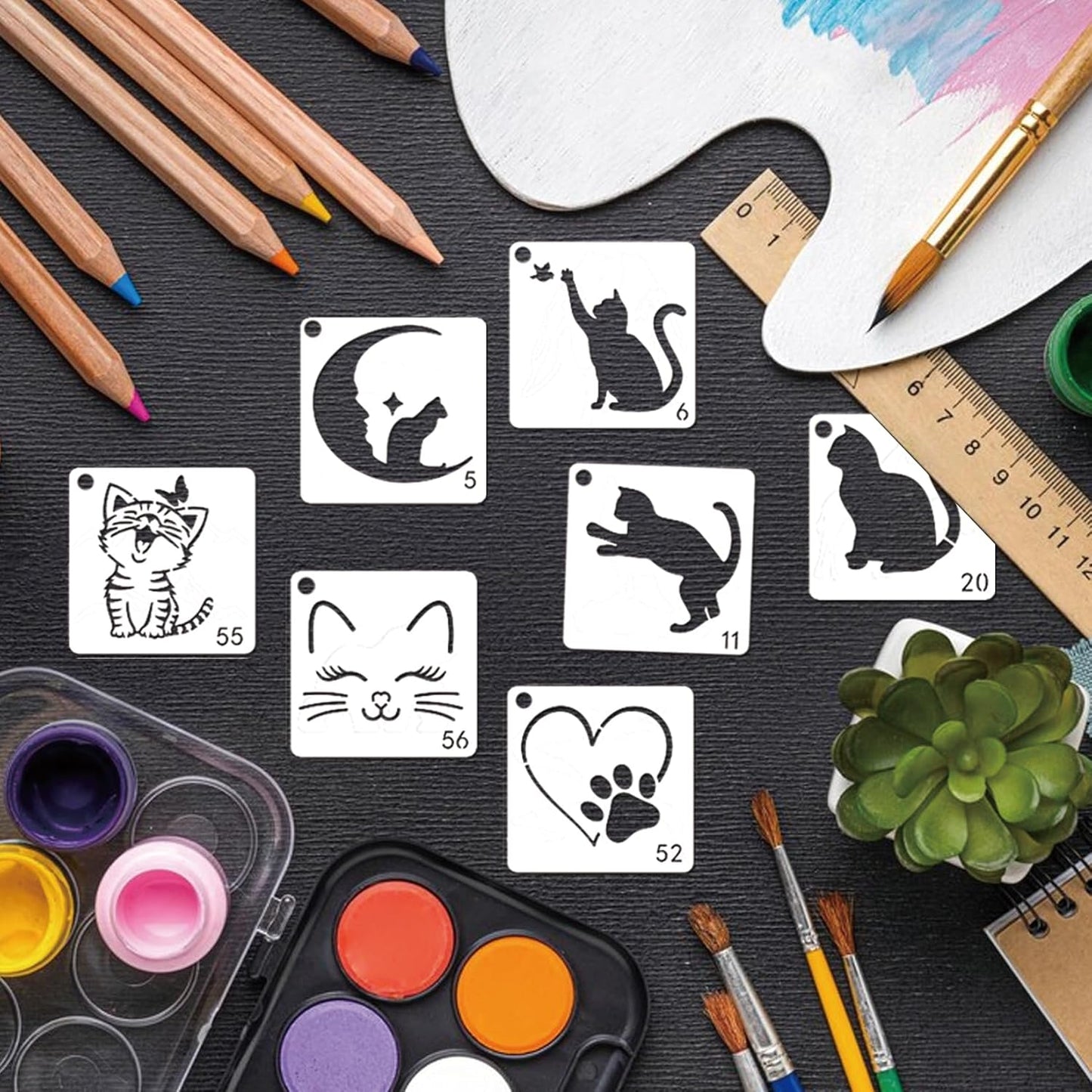 Small Stencils for Painting on Wood Reusable, 3 Inch Reusable Stencil for Craft Ornament Paint Template Stencils for Wall Card Rock Wood Signs Coasters Canvas Home Decor (cat)