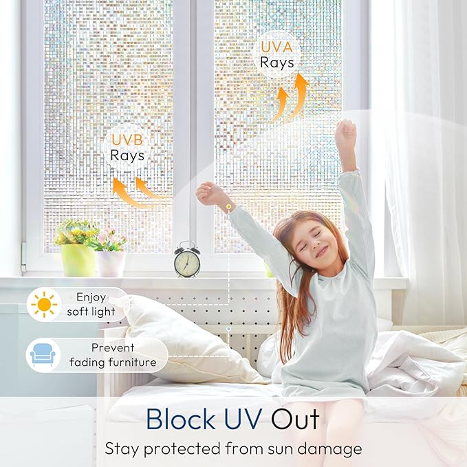 rabbitgoo Window Privacy Film Stained Glass Window Film, Mosaic Rainbow Decorative Glass Cling, Removable Static Cling Tint UV Blocking, Non-Adhesive Privacy Covering for Home, 35.4 x 157.4 inches