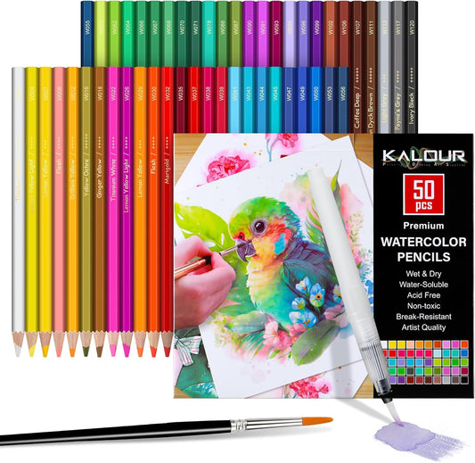 KALOUR Watercolor Pencils,50 Colors, Blendable Wet or Dry, Ideal for Coloring Books and Art