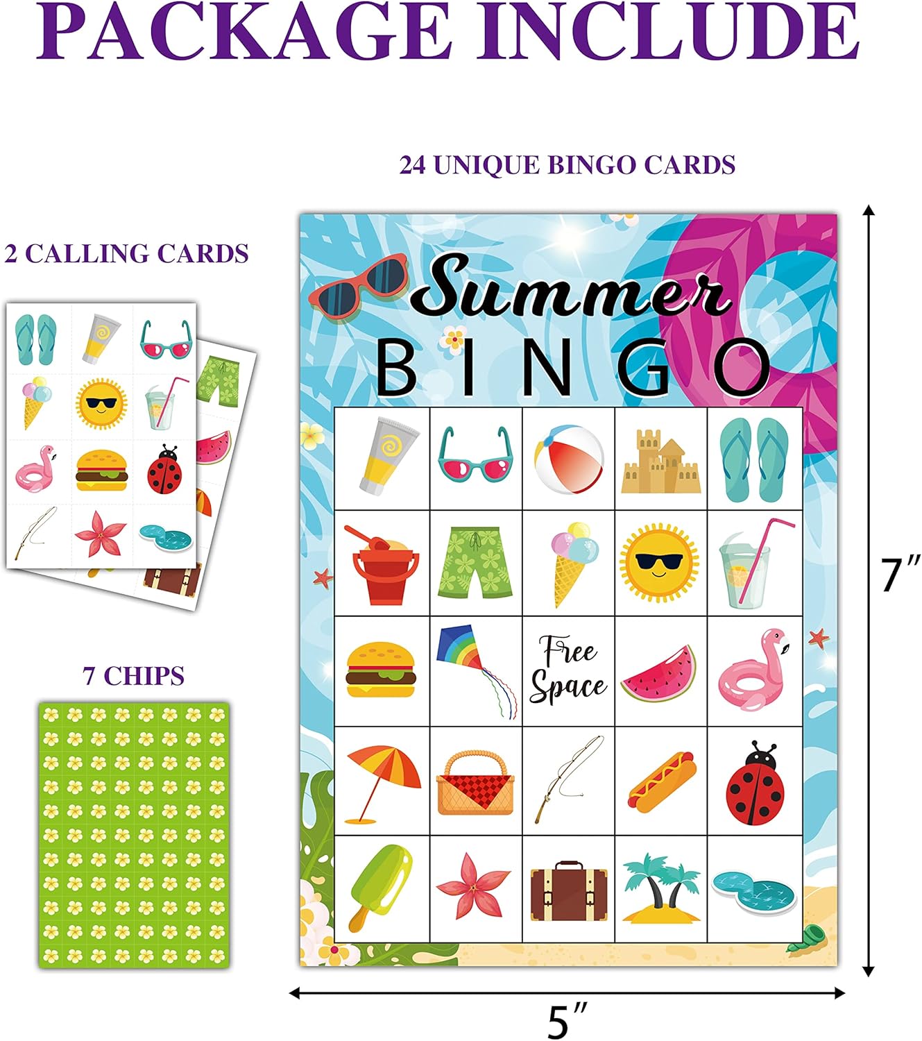 Summer Bingo Cards, Summer Party Games Bingo Cards for Birthday Party, Beach Party Favors Supplies Decorations, 24 Players Bingo Game (A01)