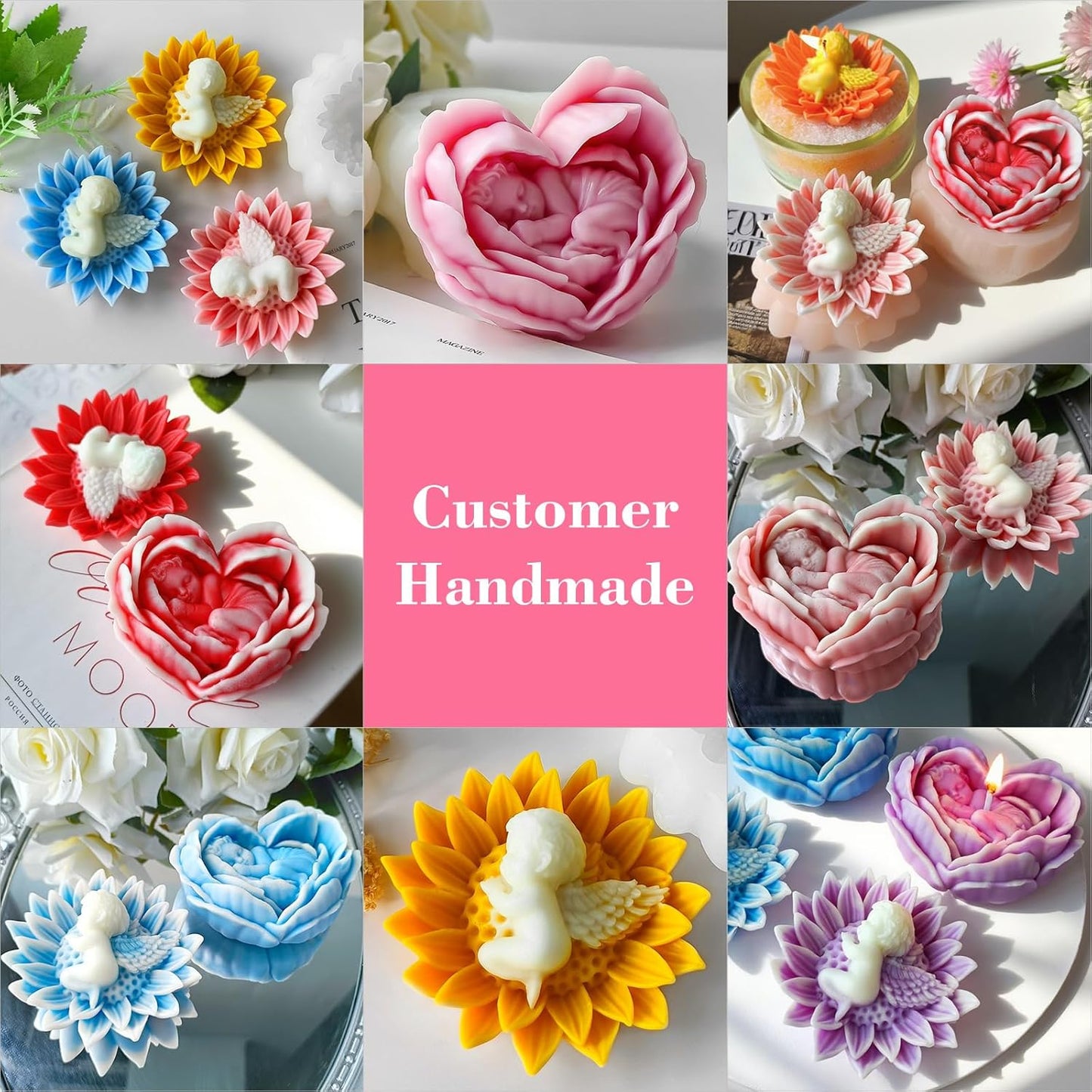 JDH 2PCS Flower Candle Molds,Heart Rose Candle Mold,3D Angel Baby in Sunflower Silicone Mold soap Silicone Molds for Home Decor Mother's Gift Baby Shower Wedding Decor