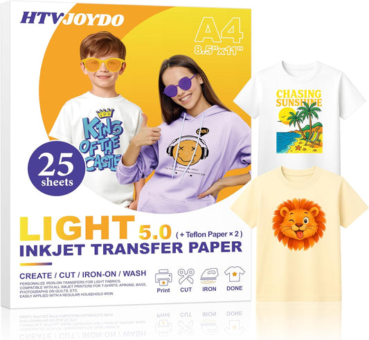 HTVJOYDO Iron-On Heat Transfer Paper for T-Shirts, 25 Sheets 8.5x11", Iron on Vinyl for Light Fabric, Printable Heat Transfer Vinyl for Inkjet Printer, Perfect for Summer Crafts