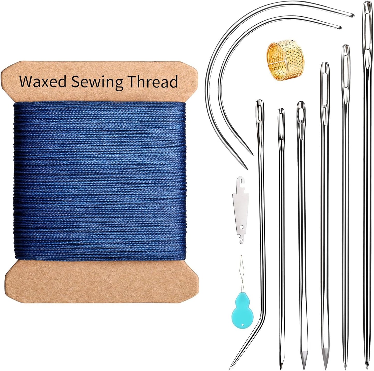 Repair Sewing Kit, Upholstery Needle with 32 Yard Waxed Thread and 8 Pcs Heavy Duty Leather Needles for Hand Stitching, Canvas & Quilting - 0.55mm Round Waxed Thread Dark Blue