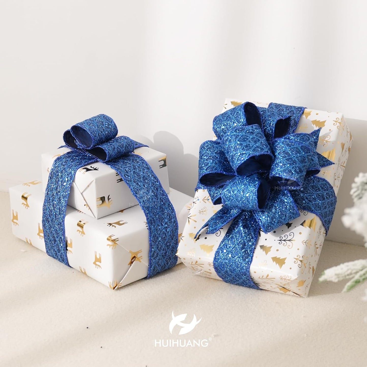 HUIHUANG Navy Blue Wired Ribbon 2.5 inch Glitter Diamond Mesh Wire Edge Ribbon for Christmas Tree, Wreaths, Garland, Gift Wrapping, Bows Making, Holiday Decor -10 Yards