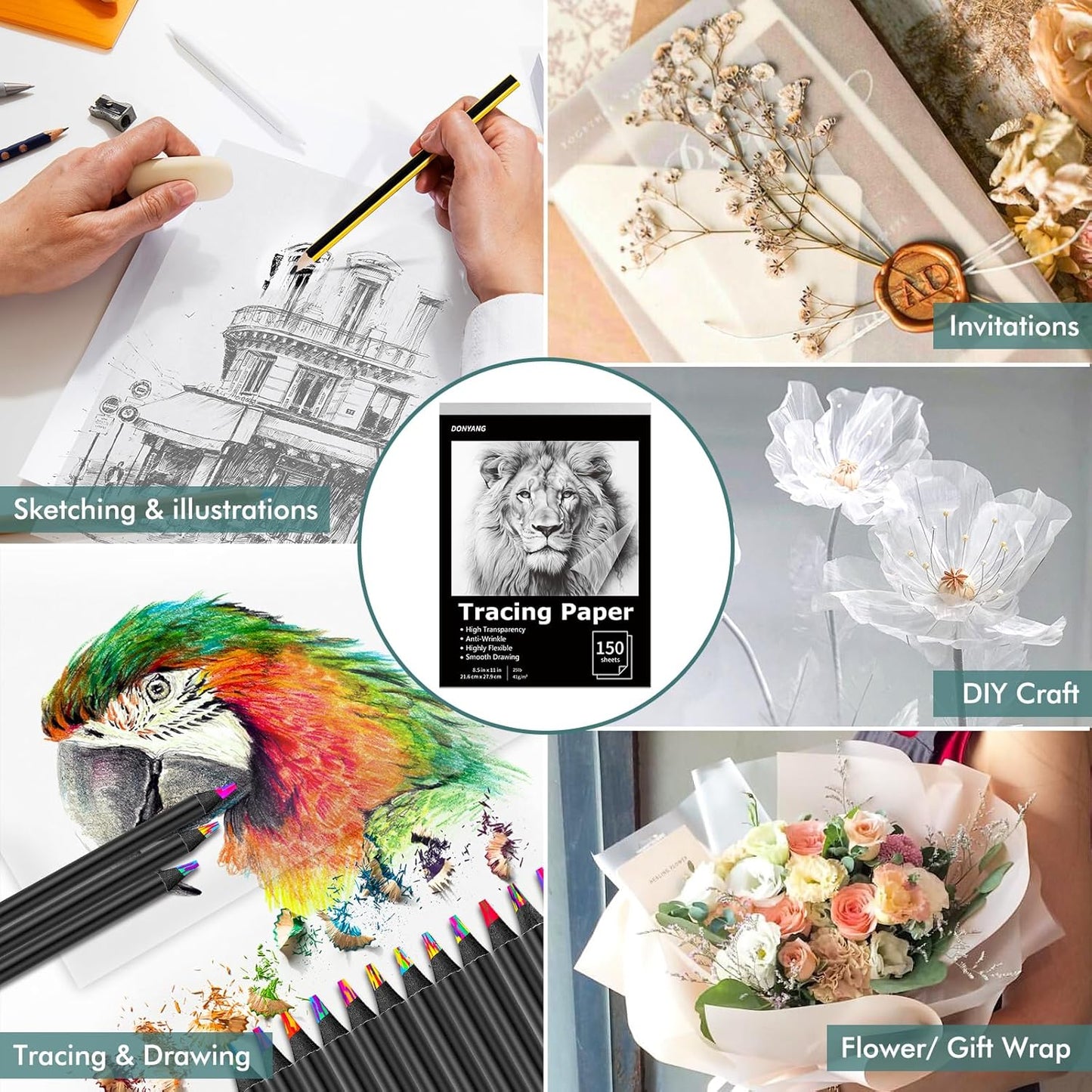 Tracing Paper 8.5x11 inch, 150 Sheets Transparent Vellum Paper for Tracing Pads, Translucent Tracing Paper for Pencil, Marker and Ink - Trace Images, Sketch, Preliminary Drawing, Overlays, Black