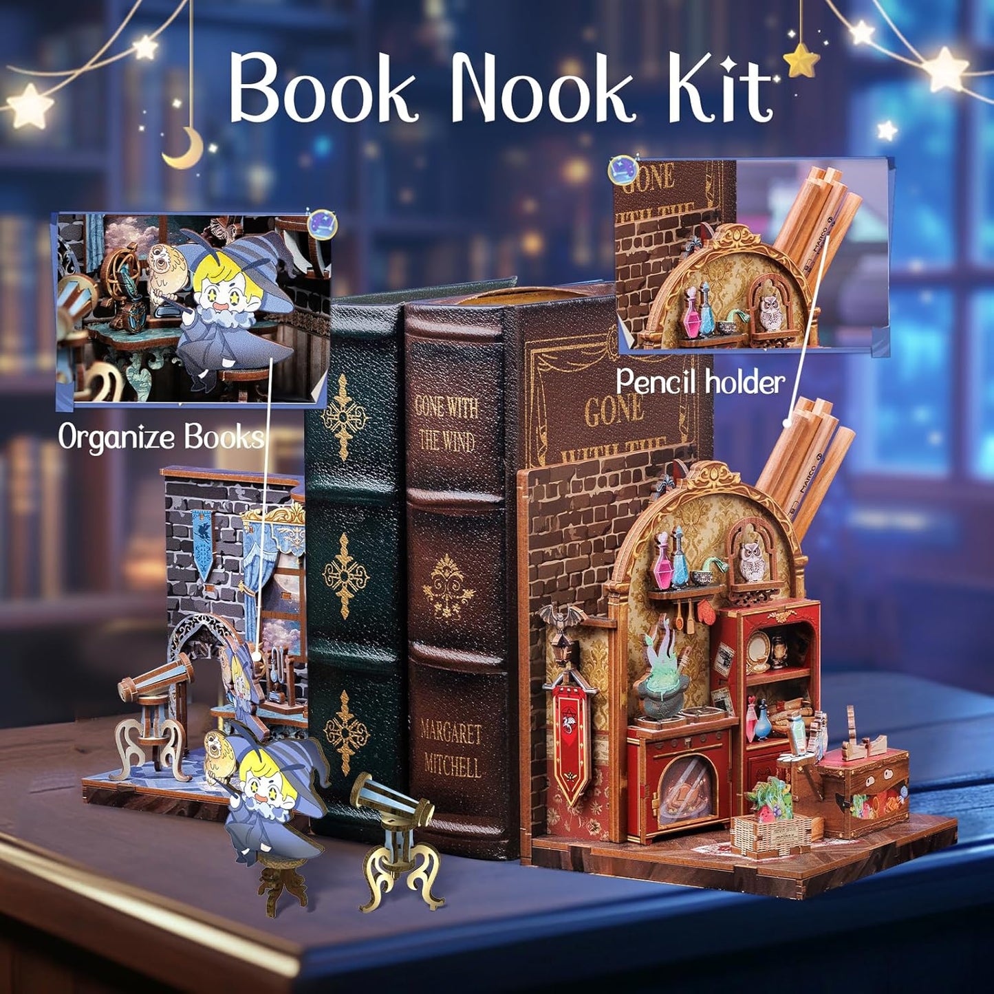 Cutefun 2Pcs Book Nook Kit, DIY 3D Wooden Puzzles for Adults and Teens, Bookends Decorative for Shelves Book Nook Kits for Adults, Bookshelf Decor Gifts for Friend (University of Miracle)