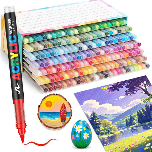 Guangna 168 Acrylic Paint Markers, Brush Tip Acrylic Paint Pens, Quick-Drying Waterproof Ink, for Rock Painting Plastic Wood Canvas Glass Ceramic Metal Art Crafts Supplies Gift