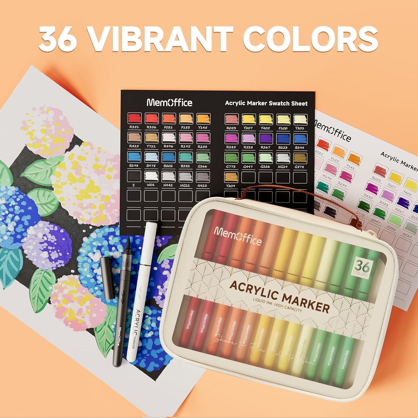 MemOffice Direct Liquid Acrylic Paint Markers, 36 Colors Brush Tip Pens with Carrying Case, No Bleed, Waterproof, for Rock, Wood, Canvas, Glass, Fabric, DIY Crafts for Adults & Kids