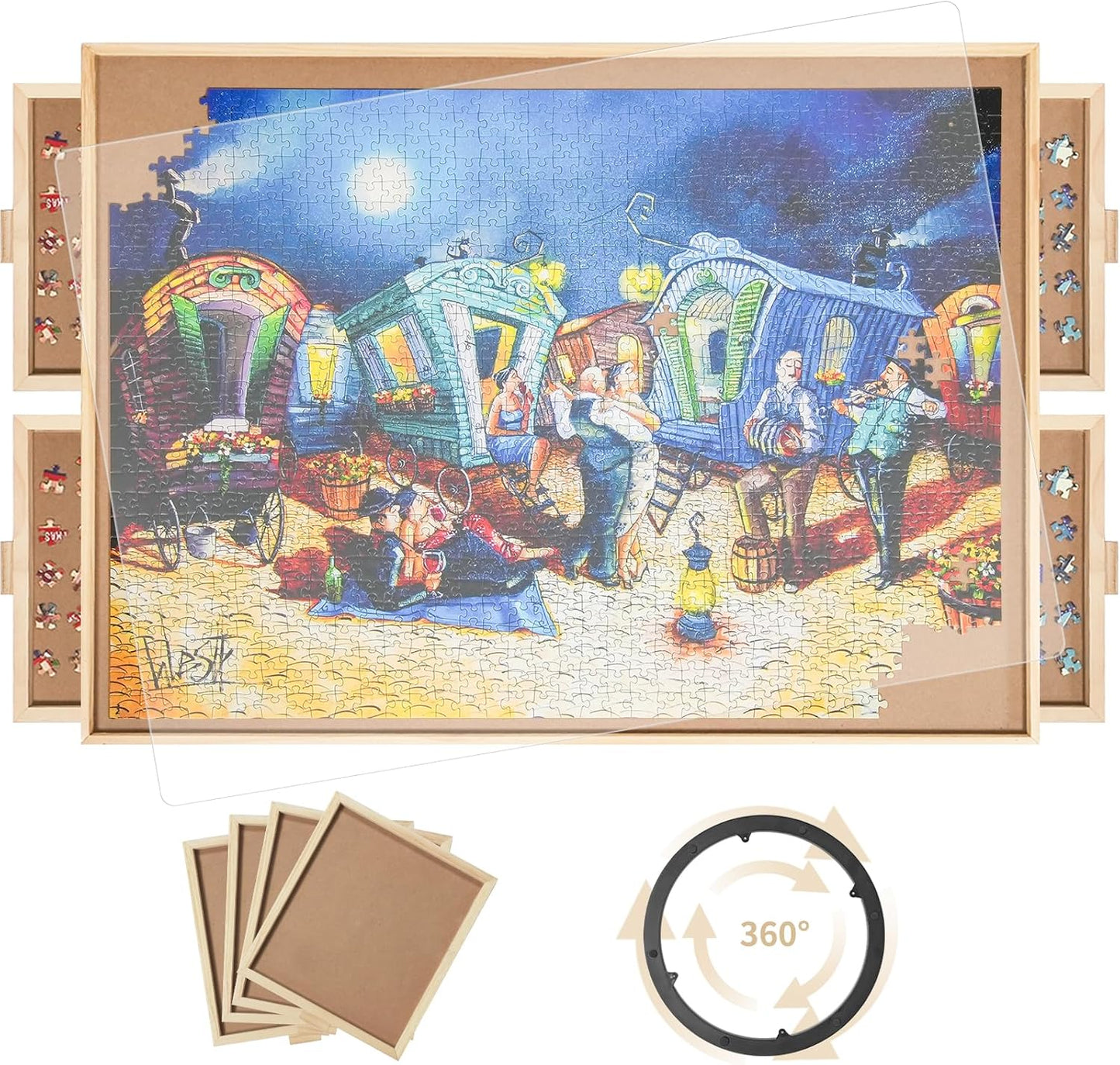 2000 Pieces Rotating Puzzle Board with 4 Drawers,40.16"x28.5" Portable Wooden Jigsaw Puzzle Table with Lazy Susan Spinning Cover for Adults