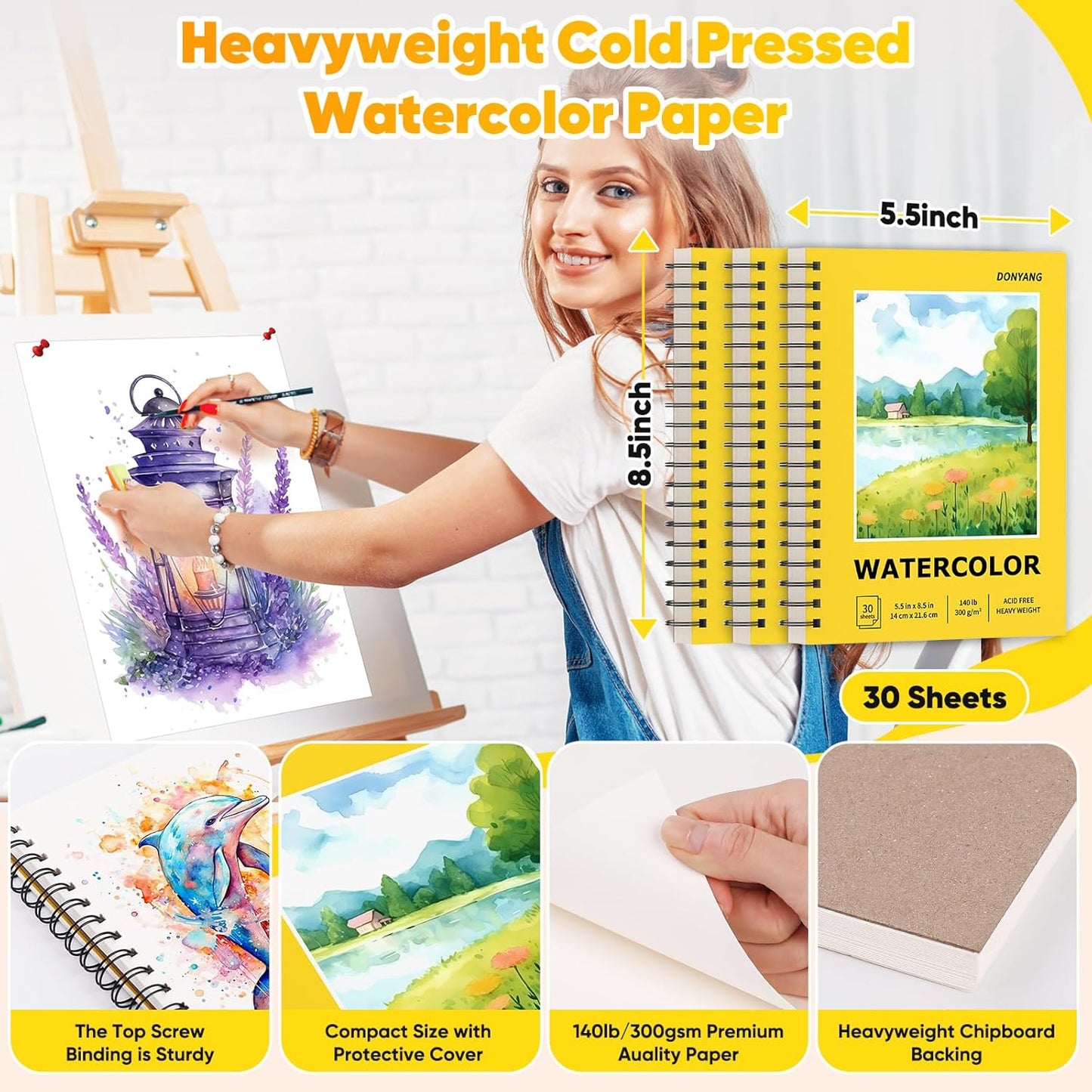 Watercolor Paper Pad, 5.5" x 8.5" Spiral Bound Art Sketch Book, Pack of 3 (90 Sheets),(140lb/300g) Artist Water Color Drawing Paper for Adults, Art Supplies for Teens, Mixed Media Markers Journal