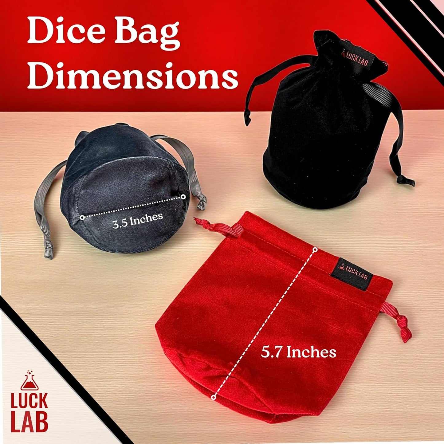 Luck Lab Velvet Drawstring Dice Bag - Set of Three Colors - Dungeons and Dragons Fabric/Standing Cotton Fabric Dice Bags/D&D Dice Pouch/Small Pouch/Velvet Jewelry Bag (Red, Black, Grey)