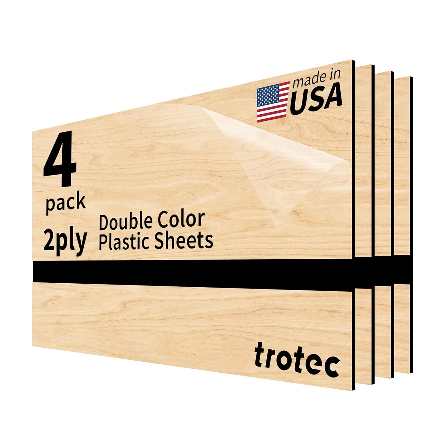 Trotec TroLase | 12"x24"x1/16", 4 Pcs | Maple/Black | 2 Ply | Modified Acrylic | Laser Engraving Double Color Plastic Sheet | Engraving Blanks for Laser, Saw, Guillotine | Made in USA