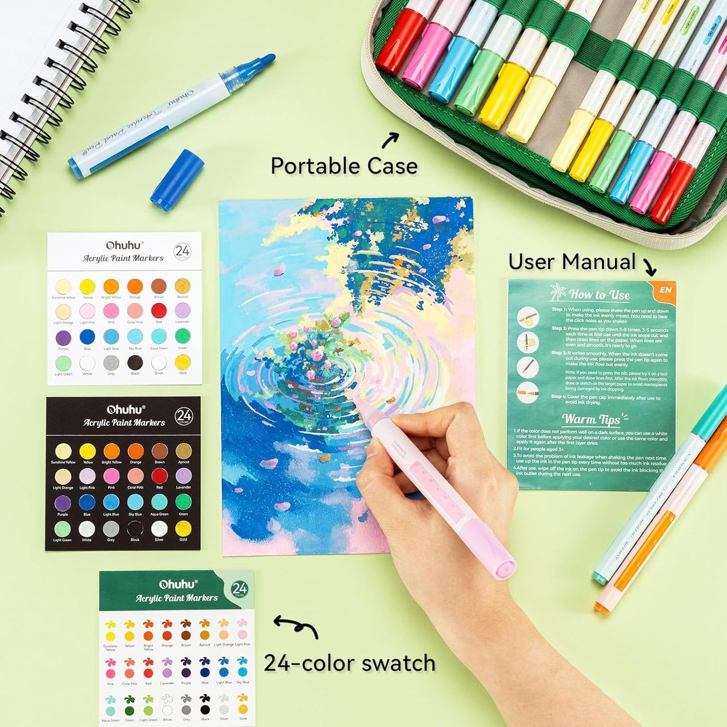 Ohuhu Acrylic Paint Markers, 48 Paint Pens Set of 24 Fine & 24 Round Tip in Same Assorted Colors - Reversible Chisel & Round - Good Coverage Acrylic Markers for Rock Painting Easter Egg Wood Plastic