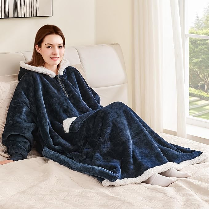 Wearable Blanket Hoodie as Gifts for Women, Long Sherpa Fleece Hooded Blankets with Oversize Hood and Pocket, Warm and Cozy Sweatshirt with Belt, Winter Gift