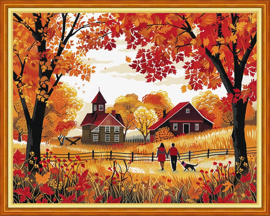Dimensean Stamped Cross Stitch Kits Full Range of Embroidery Patterns Starter Kits for Beginners Adult or Kids DIY Cross Stitches Needlepoint Kits 11CT- Golden Autumn Strolling 16x20 inch