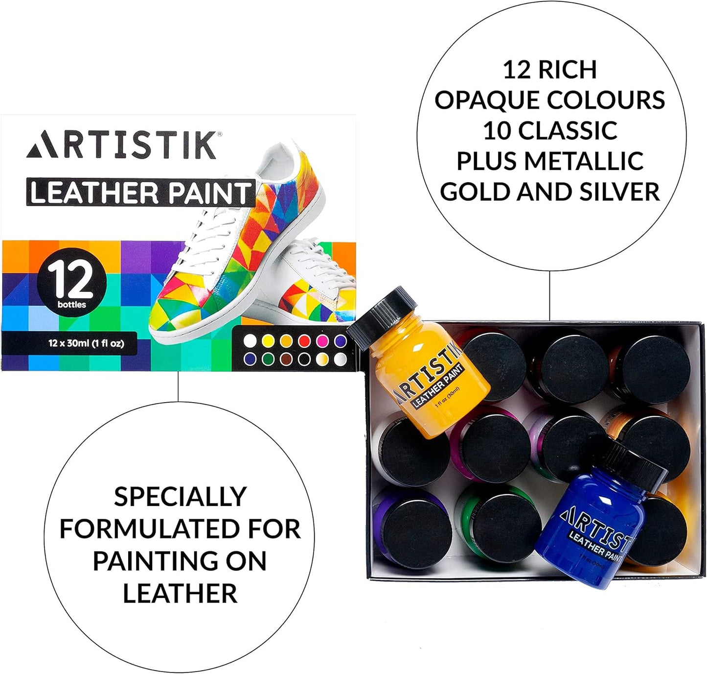 Leather Paint Set with Brushes - 12 x 30ml Acrylic Paints Leather Dye Set for Shoes Bags Boots Sneakers Jackets Car Seat Leather
