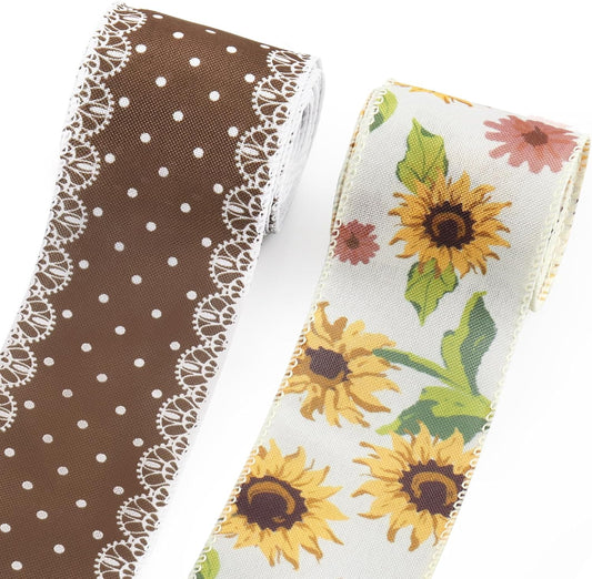 2 Rolls Fall Flowers Craft Ribbons for Wreath Bows, 2.5"×10 Yards Wired Edge Ribbon Rustic Flowers Lace Burlap Ribbons for Crafting Sewing Supplies