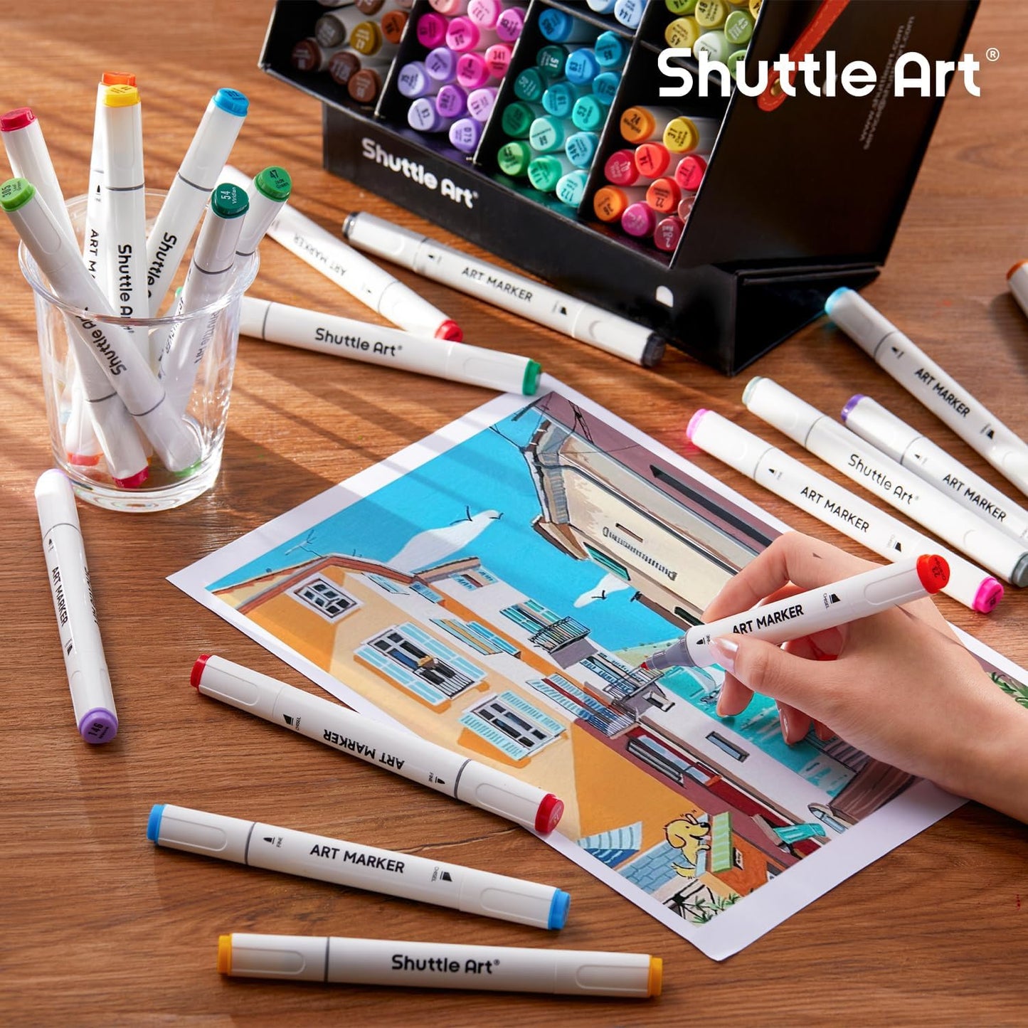 Shuttle Art 121 Colors Alcohol Markers, 120 Colors Dual Tip Art Marker Set Plus 1 Colorless Blender with Marker Case Perfect for Illustration Students Adult Coloring Sketching