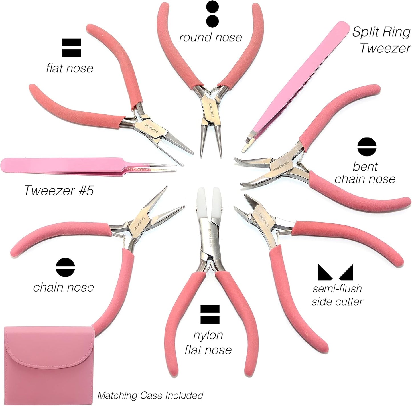The Beadsmith Fashion Color Pliers – Set of 8 Slimline Color-Coordinated Tools – Matching Clutch in Bubblegum – Jewelry Making Supply Kit to Create Necklaces, Bracelets, Earrings & More