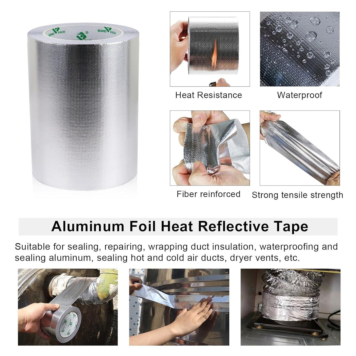 BOMEI PACK Adhesive Aluminum Foil Heat Shield Tape Barrier, Fiberglass Thermal Insulation Reflective Material High Temp Protection (7in*66ft)