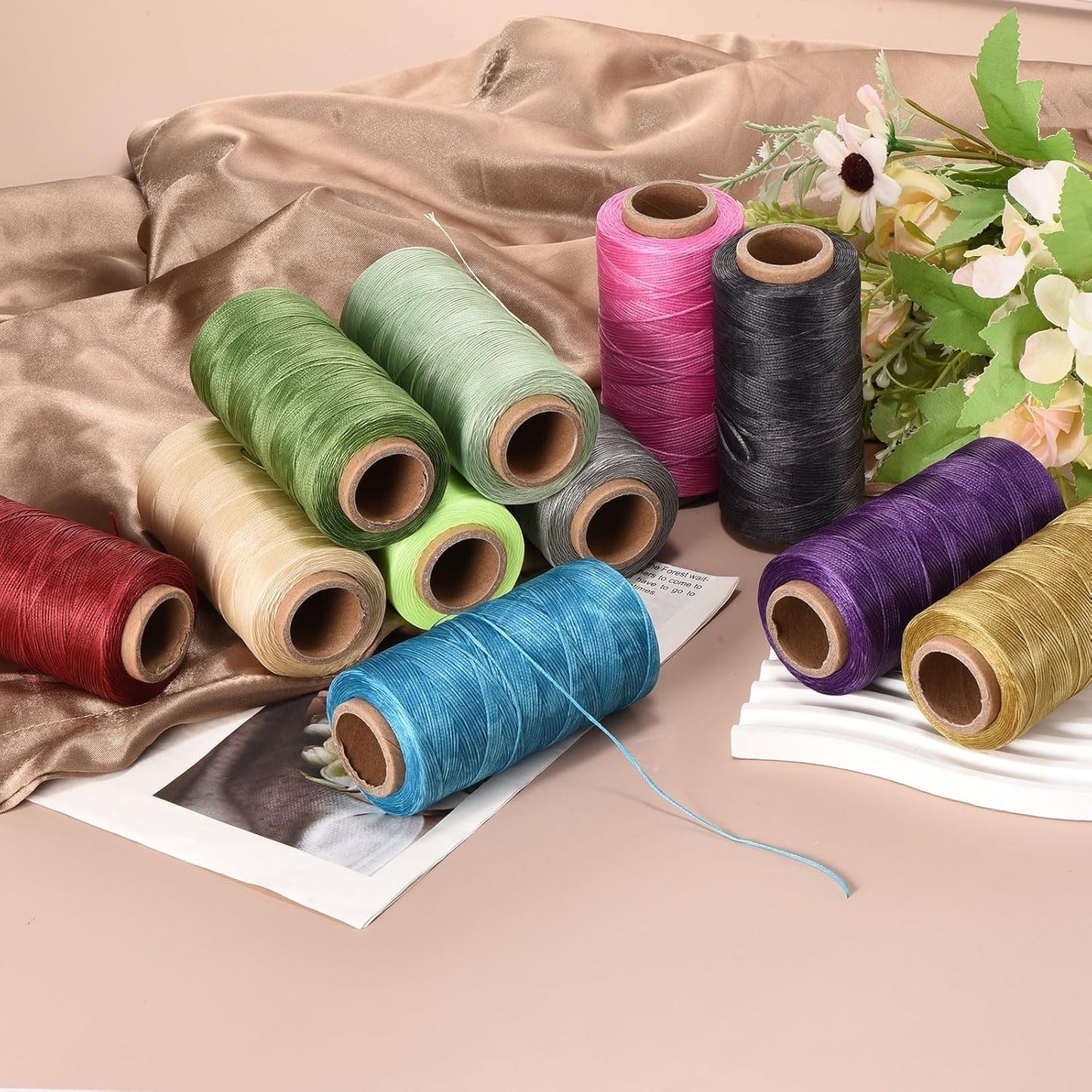 MECCANIXITY Waxed Thread,197 Yard 1mm 210D Flat Wax Thread Polyester Waxed String for Leather Sewing Hand Weaving Book Binding Home Decoration,Light Pink