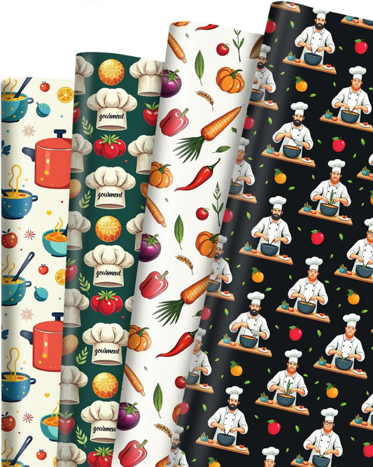 Pineraap 12 Sheets Chef Cooking Wrapping Paper, Vegetable Cooking Theme Gift Wrap Paper for Baker, Tomato, Chef Design Folded Flat Art Paper for Birthday, Kitchen Gifts, DIY Crafts, 19.7 x 27.6 Inch