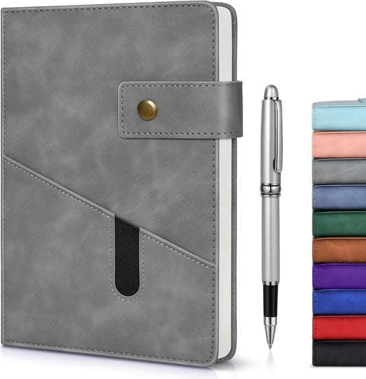 Grey A5 Lined Leather Journal Notebook for Men Women,5.9" X 8.4" Personalized Hardcover Journal with Pen,200 Pages 100 Gsm Thick Ruled Paper Daily Diary for Travel,Business,Work,Writing