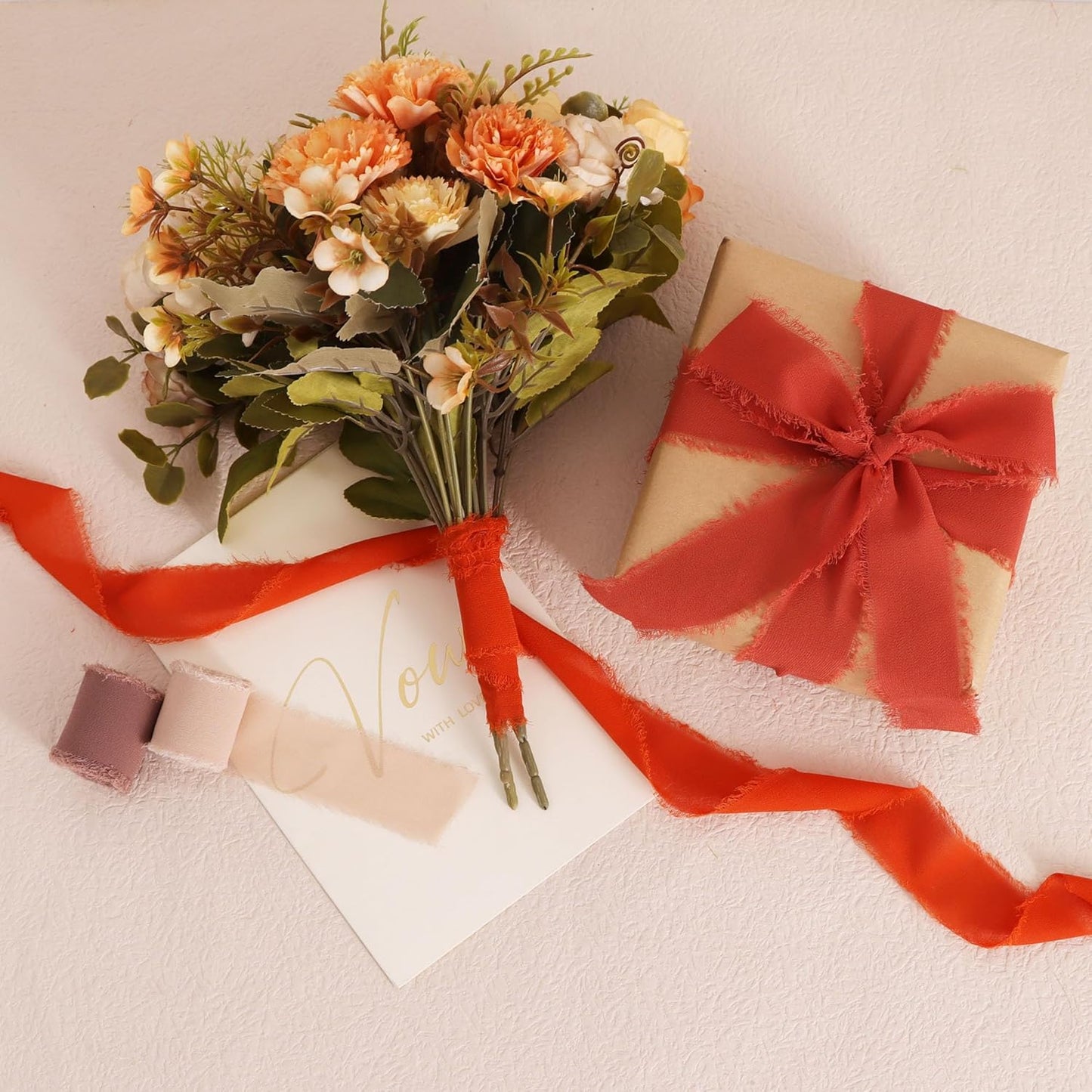 TONIFUL 4 Rolls Silk Chiffon Ribbon 1-1/2 Inch x 22 Yards,Orange Khaki Brown and Rust Handmade Fringe Terracotta Ribbon for Gift Wrapping Bridal Bouquets Crafts Wedding Fall Thanksgiving Decoration