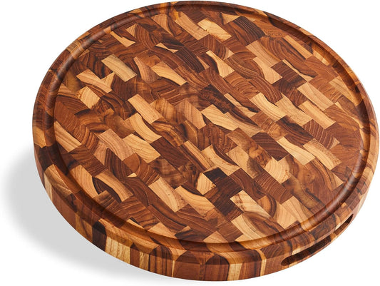 Sonder LA, End Grain Teak Wood Cutting Board 15" Round 1.5" Thick with Juice Groove and Built-in Handles, Charcuterie Serving Board (Gift Box Included)