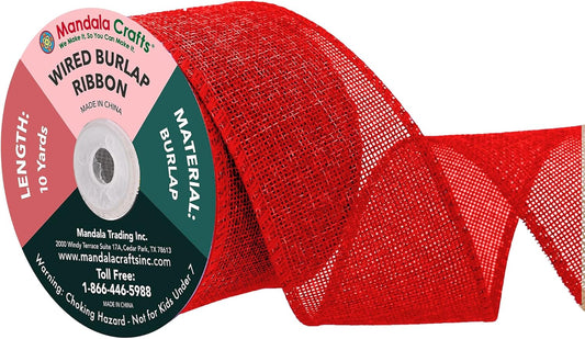 Mandala Crafts Red Burlap Wired Ribbon 2.5 Inches Wide Jute Ribbons for Crafts - 10 Yds Roll Rustic Burlap Wrap Trim Ribbons for Wreaths Bows Party Decoration
