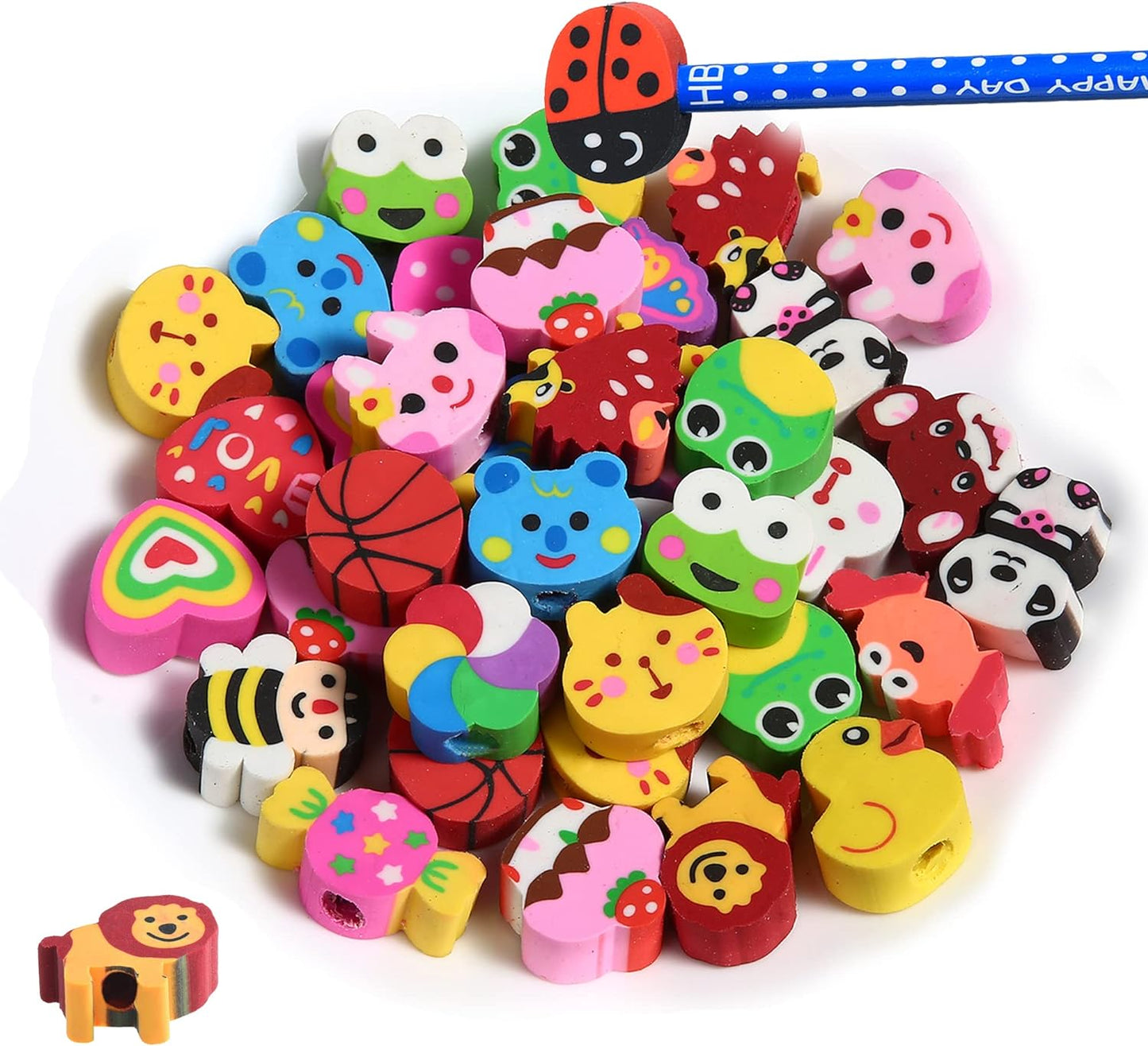 35PCS Fun Animal Fruit Pencil Topper Erasers for Kids Bulk,Cute Top Erasers Caps for Pencil,Back to School Party Gifts (Pattern Random)