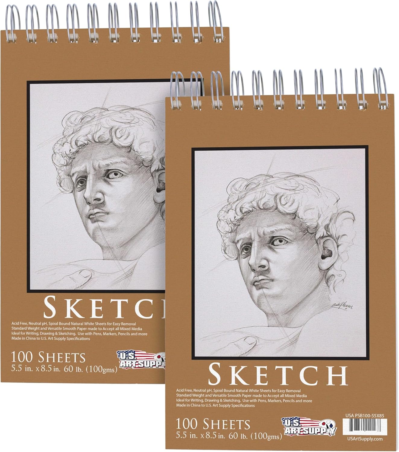 U.S. Art Supply 5.5"x8.5" Top Spiral Bound Sketch Book, 2 Pack, 100 Sheets Each, 60lb (100gsm), Acid-Free, Artist Sketchbook, Drawing Pad for Adults & Students