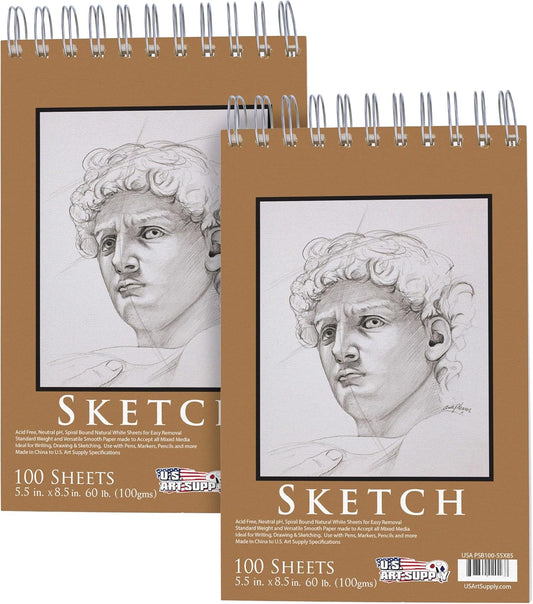 U.S. Art Supply 5.5"x8.5" Top Spiral Bound Sketch Book, 2 Pack, 100 Sheets Each, 60lb (100gsm), Acid-Free, Artist Sketchbook, Drawing Pad for Adults & Students