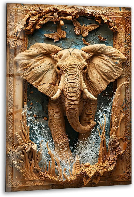 My Photostation.com 24Wx30H'' Elephant Carving Glass Wall Art Tempered Glass Printing Wall Decor Large Wall Art Wall Hangings
