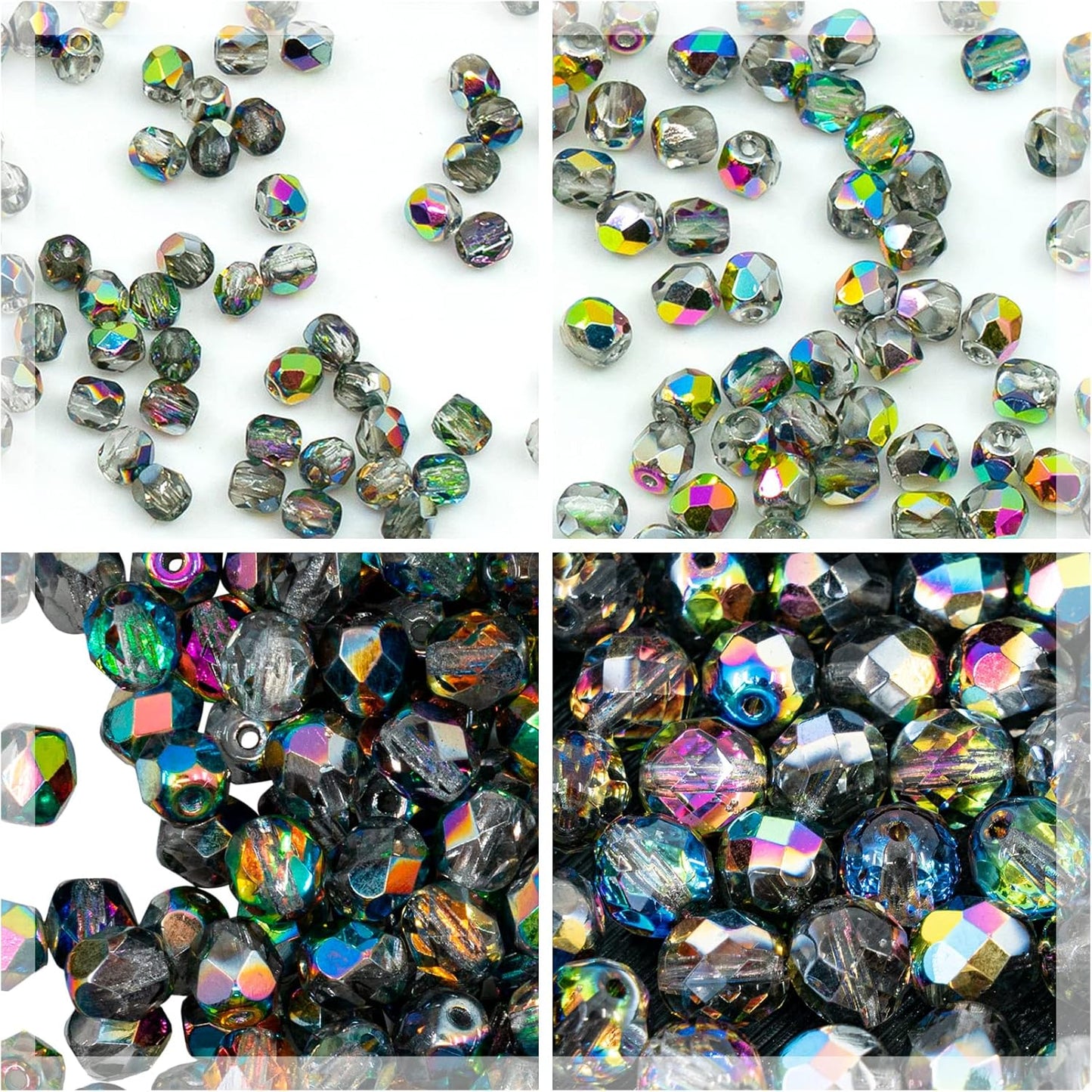 275 pcs Set of Czech Faceted Glass Beads, Fire-Polished Round Crystal Vitrail - 3mm (100pcs), 4mm (100pcs), 6mm (50pcs), 8mm (25pcs) kit for Jewelry Making
